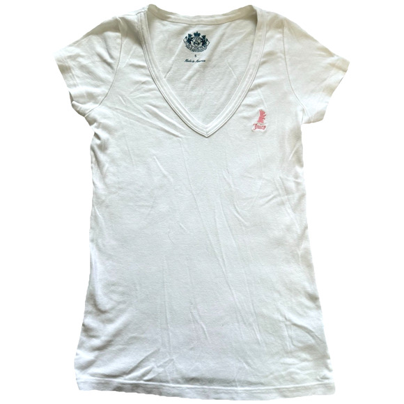 Y2K Juicy Couture V Neck Tee Tshirt Womens Size Small Cap Embroidered Logo White - Picture 1 of 6
